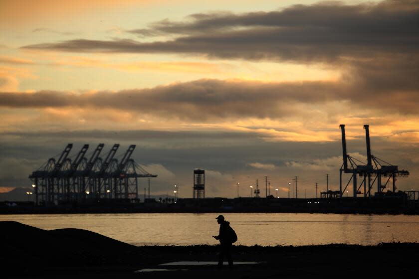 LONG BEACH, CA - FEBRUARY 6, 2024 - - A man walks along the beach in Long Beach on February 6, 2024. All beaches in Long Beach and Cabrillo Beach in San Pedro are closed to swimmers and surfers Tuesday due to sewage spills that may have poured millions of gallons of contaminated material in the ocean. (Genaro Molina/Los Angeles Times)