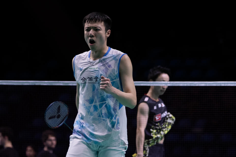 MADRID, SPAIN - MARCH 29: Wang Tzu-Wei of Taiwan in action against Yushi Tanaka of Japan during the Madrid Spain Masters 2024 at Gallur Municipal Sports Center on March 29, 2024 in Madrid, Spain.  (Photo by Aldara Zarraoa/Getty Images)