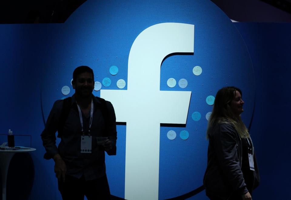 The Facebook logo is displayed during the F8 Facebook Developers conference on April 30, 2019 in San Jose, California: Justin Sullivan/Getty Images