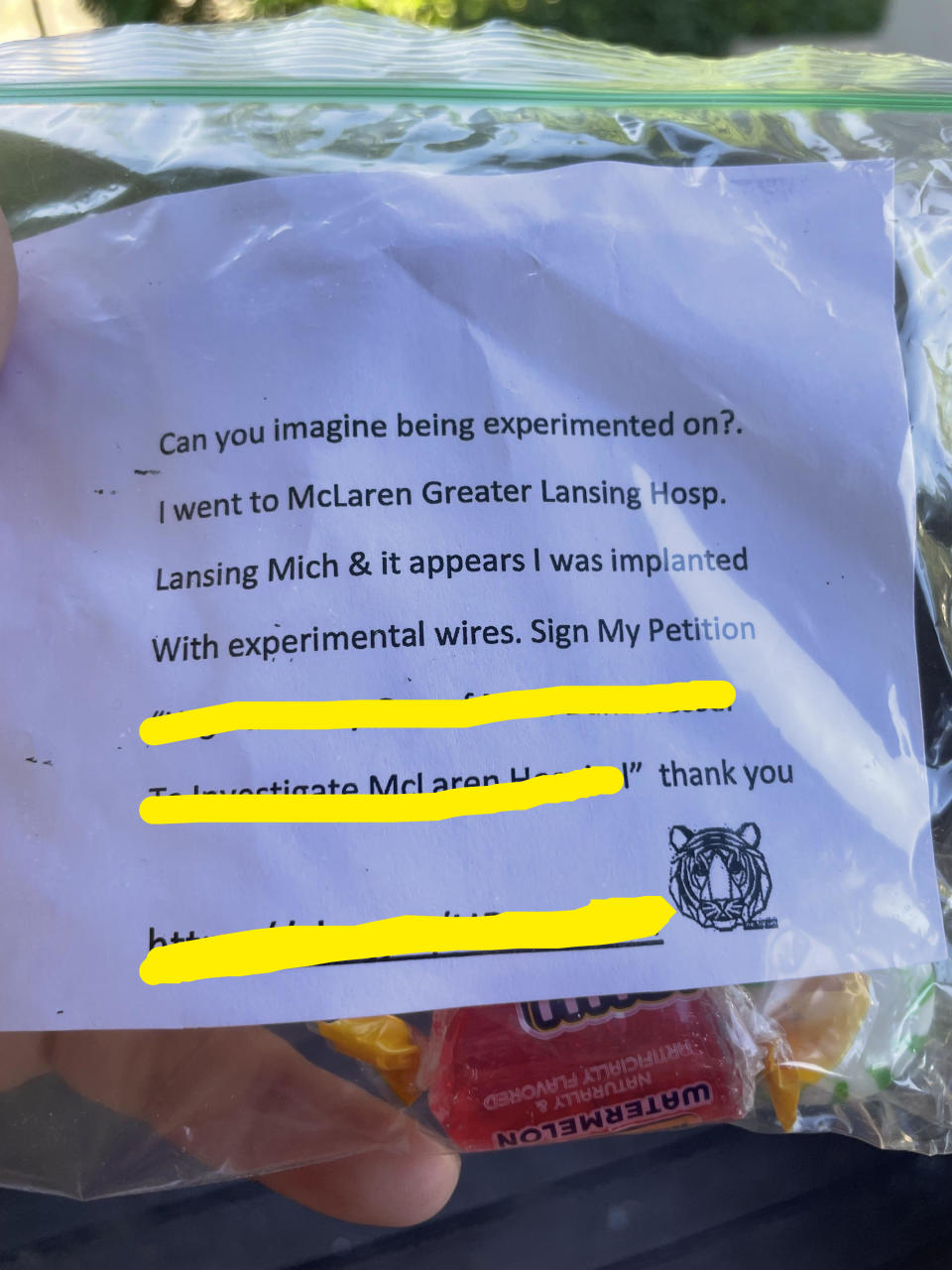 A note saying can you imagine being experimented on? I went to Mclaren greater lansing hosp. lansing mich and it appears I was implanted with experimental wires, sign my petition