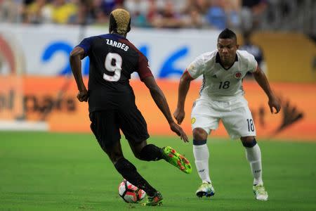 Jun 25, 2016; Glendale, AZ, USA; United States midfielder Gyasi Bardes (9) drives against Colombia defender Frank Fabra (18) in the first half during the third place match of the 2016 Copa America Centenario soccer tournament at University of Phoenix Stadium. Columbia beat the United States 1-0. Mandatory Credit: Allan Henry-USA TODAY Sports