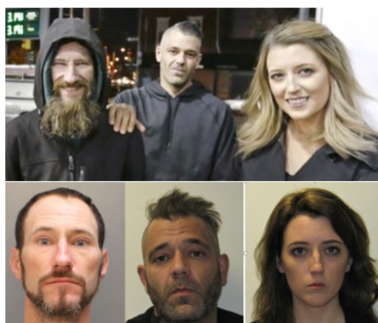 Johnny Bobbitt Jr., left, is shown with Mark D'Amico and Katelyn McClure before and after their arrest on theft charges.