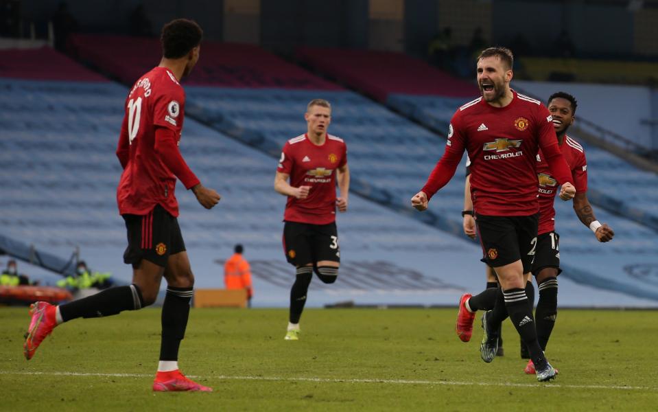 Luke Shaw celebrates scoring Man United's second goal in their win over Man City at the Etihad - Manchester United 