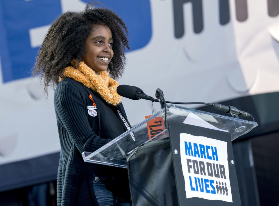 Naomi Wadler, 11, a student at George Mason Elementary School, who organised a school walkout at her school in Alexandria, Va., after the school shooting in Parkland, Fa., speaks during the “March for Our Lives” rally in support of gun control in Washington, 2018. (Photo: AP Photo/Andrew Harnik)