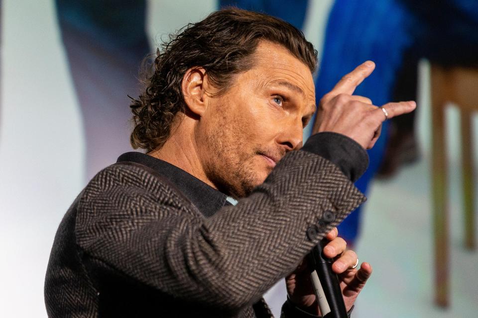 Actor Matthew McConaughey presents his new film ?The Gentlemen? during a special screening for students and athletes inside the Hogg Memorial Auditorium on the University of Texas campus, Tuesday, Jan., 21, 2020.