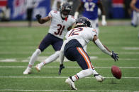 Chicago Bears wide receiver Velus Jones Jr. (12) muffs a punt from the New York Giants during the fourth quarter of an NFL football game, Sunday, Oct. 2, 2022, in East Rutherford, N.J. The Giants recovered the ball on the play. (AP Photo/Seth Wenig)