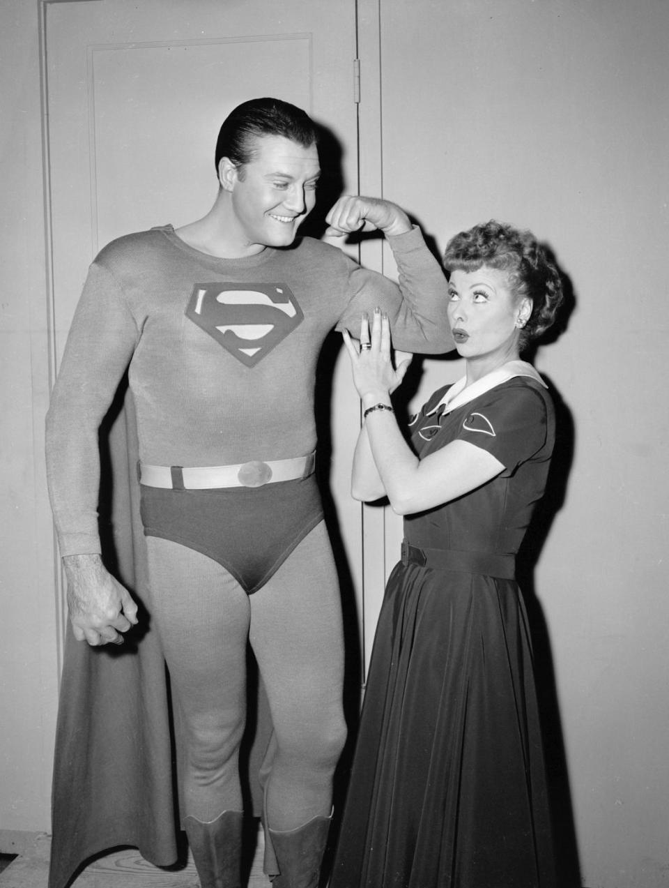 1956: Posing with George Reeves dressed as Superman behind the scenes for an episode of 'I Love Lucy'