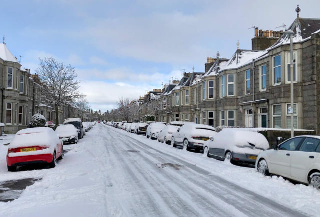 Snow on a street in Aberdeen, Scotland, on Tuesday. (PA)