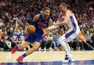 Nov 3, 2018; Philadelphia, PA, USA; Detroit Pistons forward Blake Griffin (23) moves against Philadelphia 76ers forward Mike Muscala (31) during the second quarter at Wells Fargo Center. Bill Streicher-USA TODAY Sports