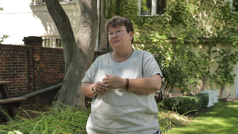 Doreen Siebernik, head of the Berlin branch of the German GEW teachers' union speak to the Associated Press during an interview in Berlin, Germany, Wednesday, Aug. 5, 2020. As Germany's 16 states start sending millions of children back to school in the middle of the global coronavirus pandemic, the country's famous sense of "Ordnung" has been replaced with uncertainty, with a hodgepodge of regional regulations that officials acknowledge may or may not work. (AP Photo/Pietro De Christofaro)