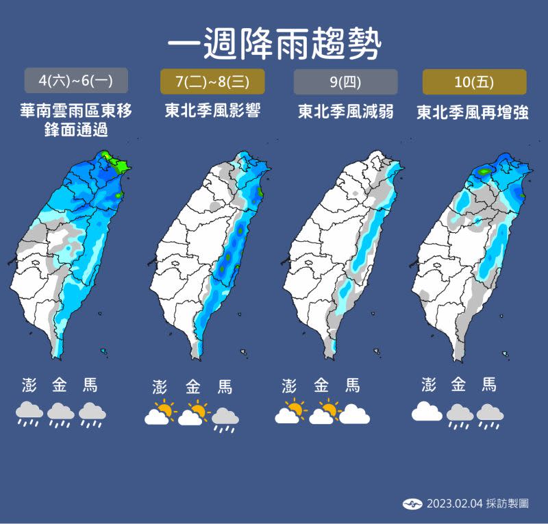 ▲受到華南雲雨帶東移影響，近期中部以北和東半部地區降雨較明顯，下週二開始轉回東北風環境，雨勢以迎風面為主。（圖／中央氣象局提供）