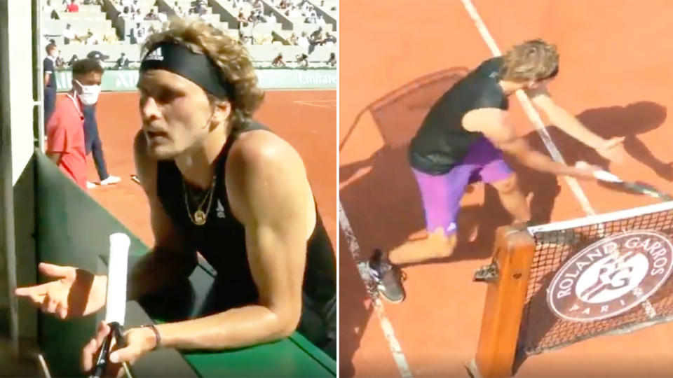 Seen here, Alexander Zverev rages over a questionable call at the French Open.