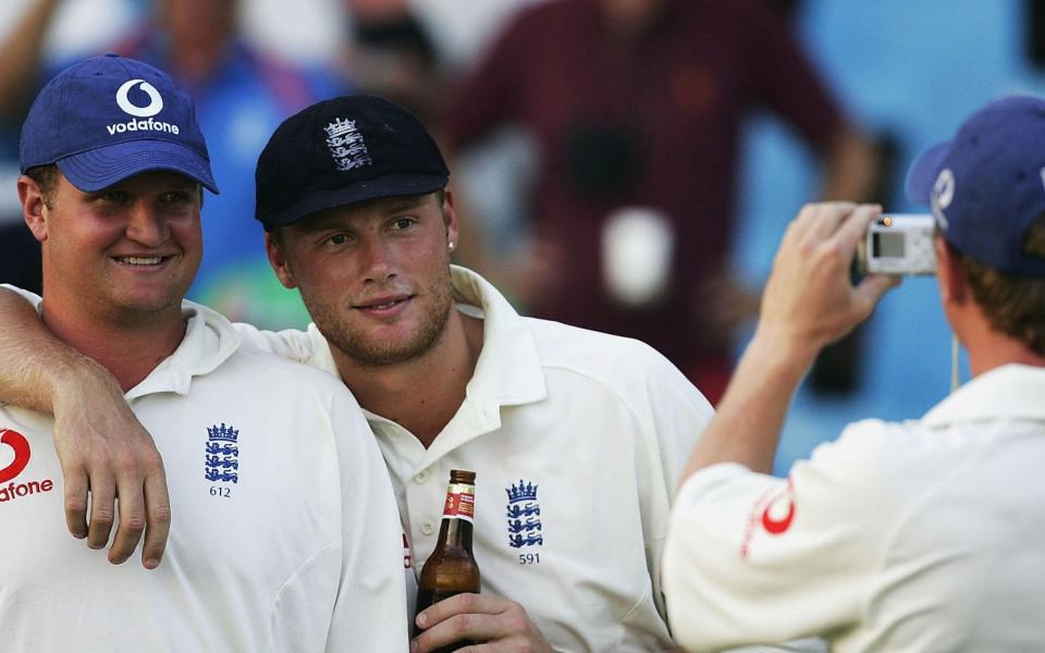 England's Andrew Flintoff and Robert Key pose for a photo after victory in the fifth Test against South Africa in Pretoria in 2005 - Rob Key says England should consider Andrew Flintoff as head coach