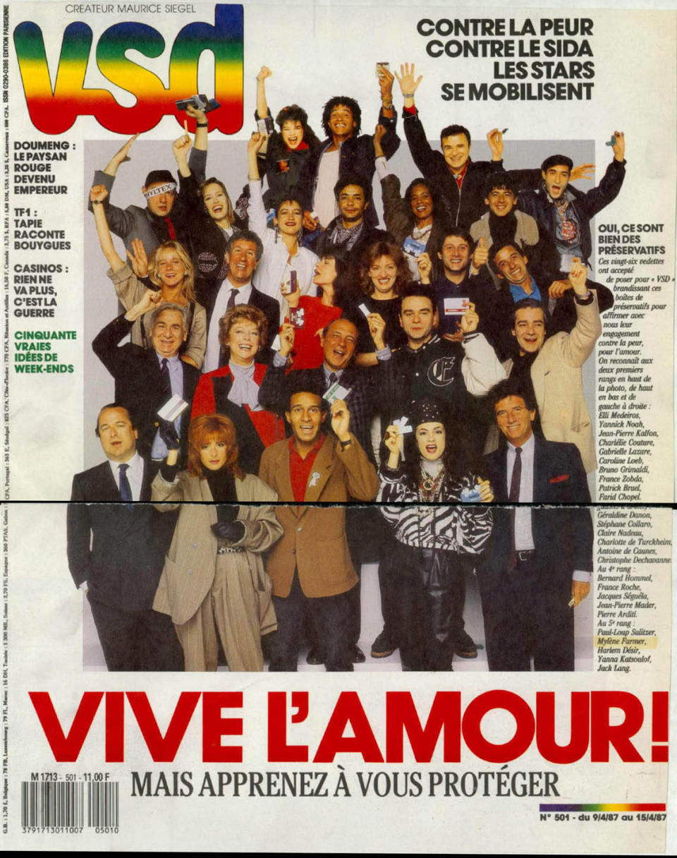 La une du magazine VSD afin de sensibiliser à la lutte contre le Sida et au port du préservatif, 1987.