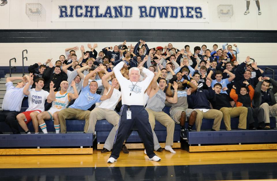 St. Augustine Prep basketball coach Paul Rodio with the Richland Rowdies. Feb. 04, 2013.