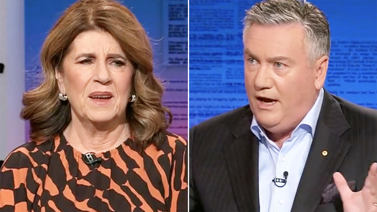 Caroline Wilson and Eddie McGuire were engaged in a heated debate about the merits of a twilight AFL grand final this season. Pictures: Channel 9