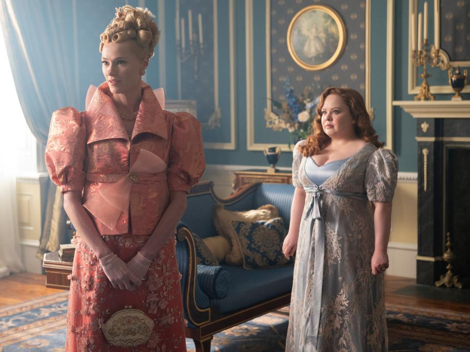 Cressida Cowper (Jessica Madsen) confronts Penelope Featherington (Nicola Coughlan) in "Bridgerton" season three, episode eight.