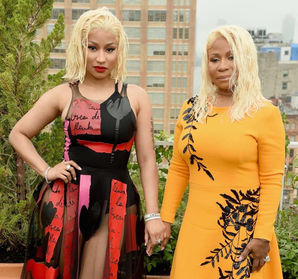 Nicki Minaj (L) and Carol Maraj attend the Oscar De La Renta front Row during New York Fashion Week: The Shows at Spring Studios Terrace on September 11, 2018 in New York City. (Photo by Dimitrios Kambouris/Getty Images for NYFW: The Shows)