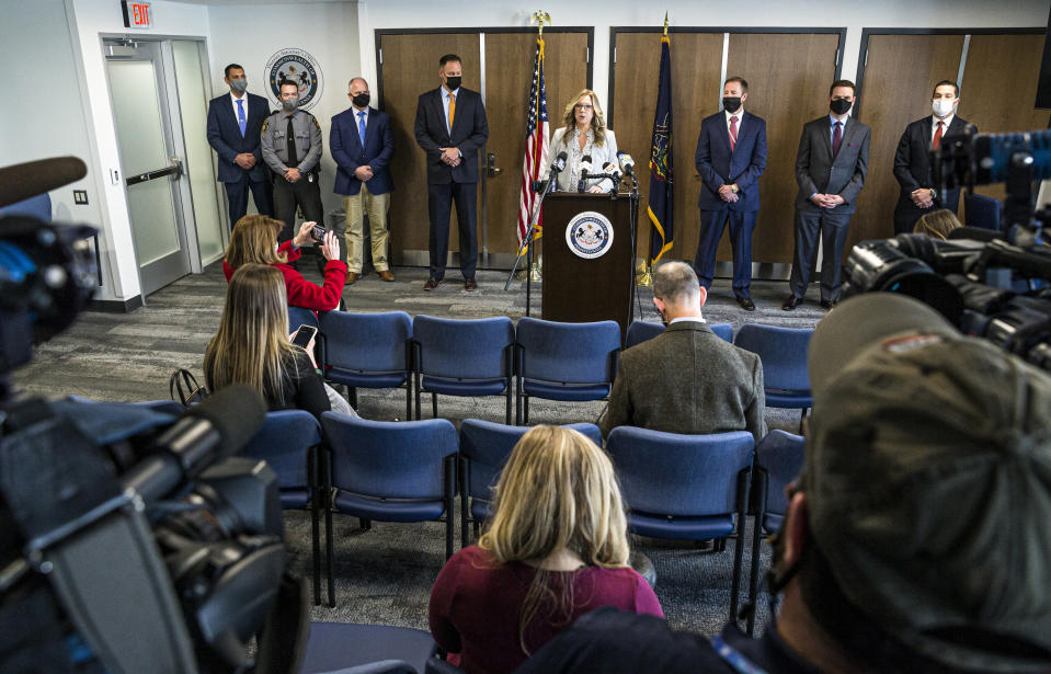 Lancaster County District Attorney Heather Adams briefs the media on the Linda Stoltzfoos case during a news conference at the Lancaster County courthouse, Thursday, April 22, 2021, in Lancaster, Pa. Stoltzfoos was last seen walking home from church in the Bird-in-Hand area on June 21, 2020. Her remains were found in a grave along railroad tracks behind a business where the man charged in her death had worked. (Dan Gleiter/PennLive/The Patriot-News via AP)