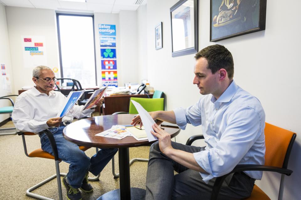 John Podesta, campaign chairman, left, and Robby Mook, campaign manager for Democratic presidential candidate Hillary Clinton, meet at campaign headquarters in Brooklyn, N.Y. (Photo: Brooks Kraft/Getty Images)