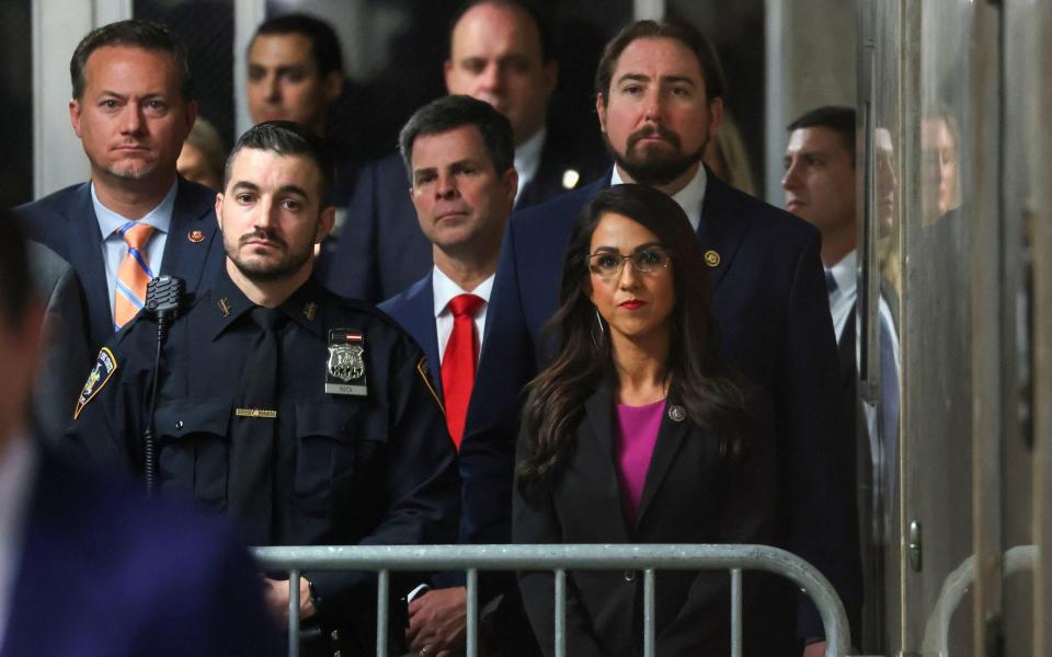 Lauren Boebert looks on as former U.S. President Donald Trump appears at Manhattan Supreme Court