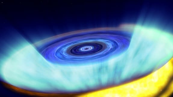 Gas builds up in a storage disk around a black hole, eventually leading to a bright X-ray nova.