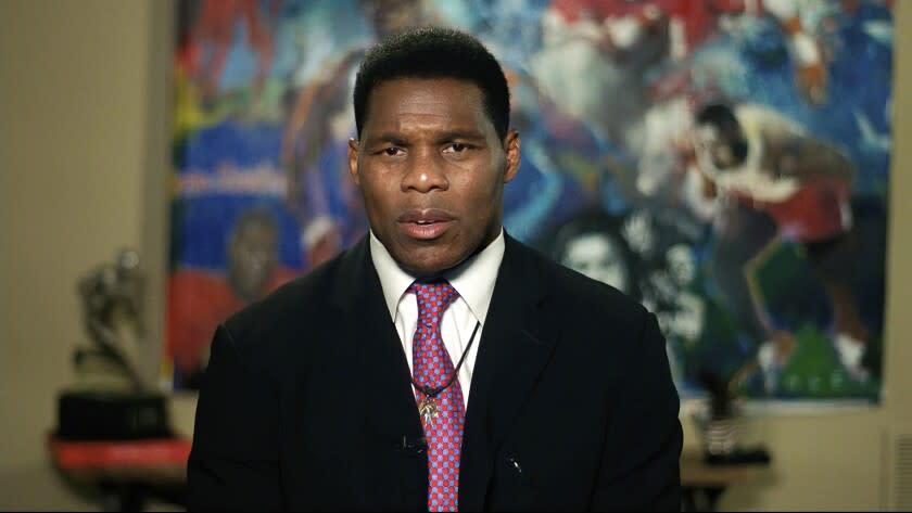 In this image from video, Herschel Walker speaks from Westlake, Texas, during the first night of the Republican National Convention Monday, Aug. 24, 2020.(Courtesy of the Committee on Arrangements for the 2020 Republican National Committee via AP)