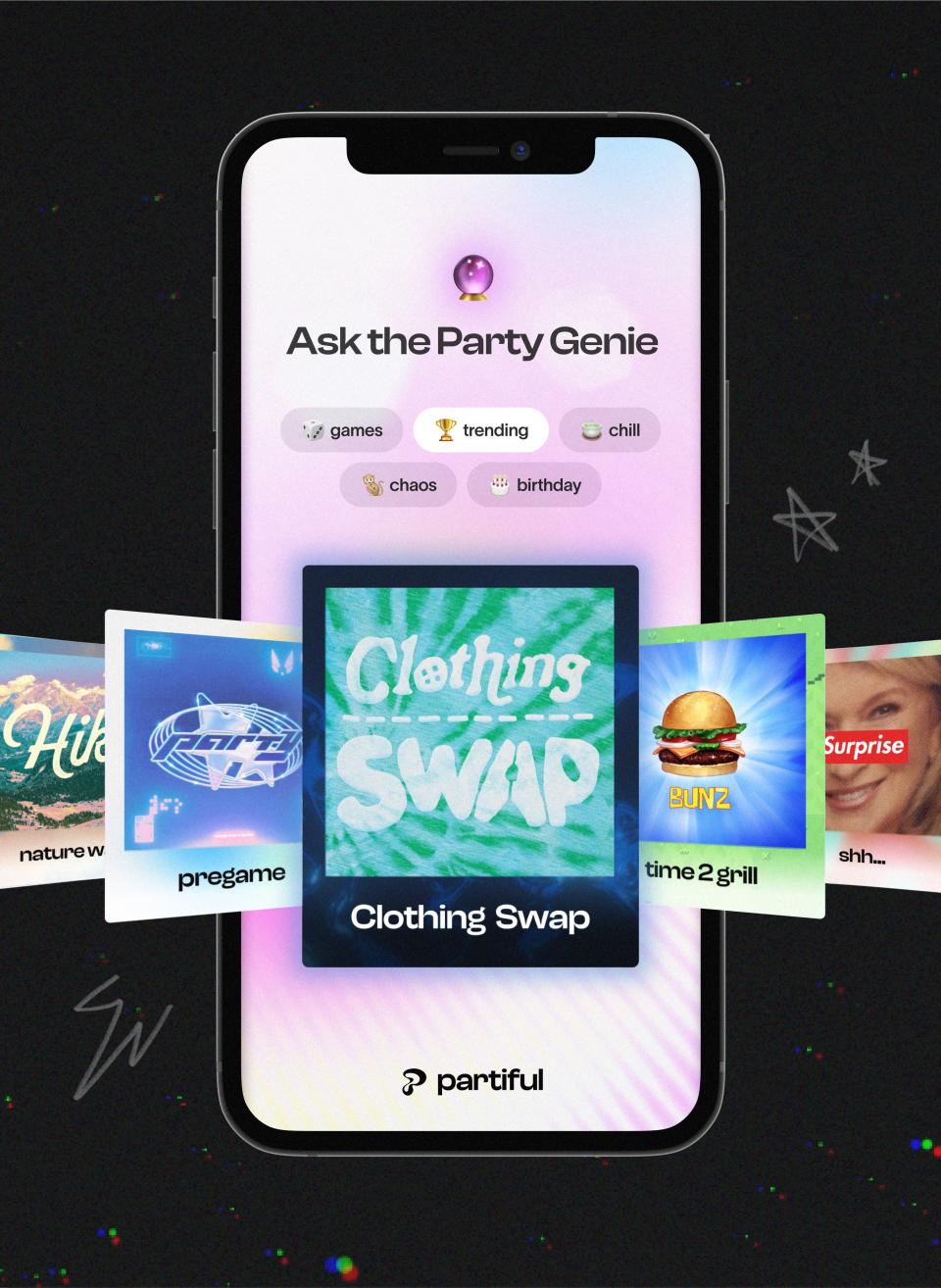 The party genie feature offers users a chance to choose an event at random.