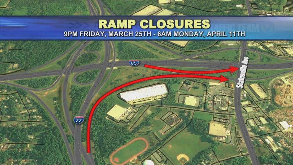 The NCDOT will close the exit ramps from I-77 North (exit 13A) and I-85 North (exit 39) to Statesville Avenue from March 25 to April 11.