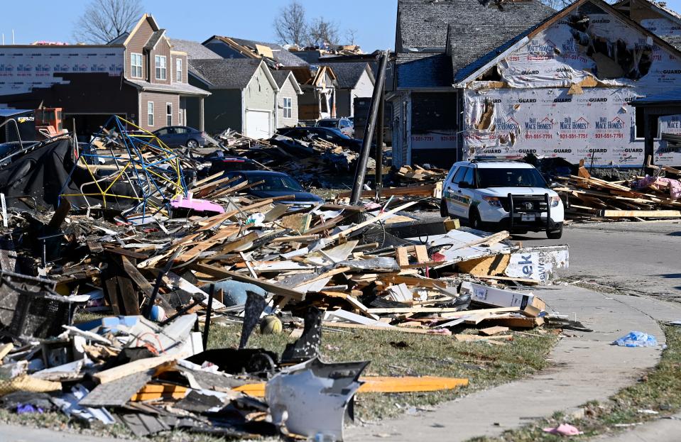 Montgomery County Sheriff unit patrol an neighborhood Monday, Dec. 11, 2023, in Clarksville, Tenn. Tornados struck Middle Tennessee caused catastrophic damage and killing six people.