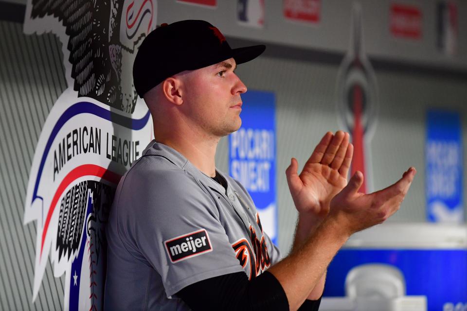 Detroit Tigers starting pitcher Tarik Skubal (29) watches game action against the Los Angeles Angels during the sixth inning at Angel Stadium in Anaheim, California, on Friday, Sept. 15, 2023.