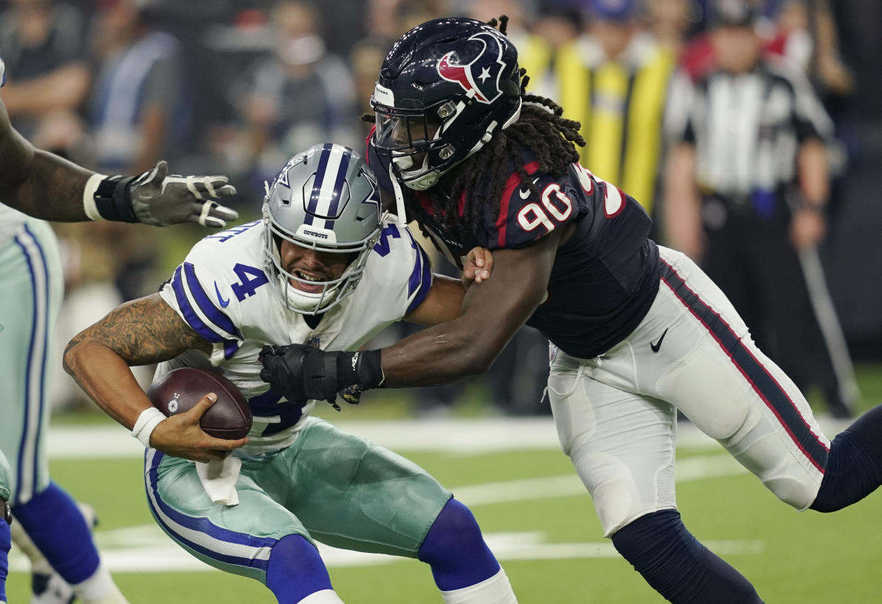 Houston Texans linebacker Jadeveon Clowney sacks Dak Prescott in a game against the Cowboys last season. (AP)