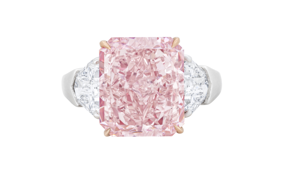 An 8.77-carat, rectangular, modified brilliant-cut, fancy intense pink diamond 