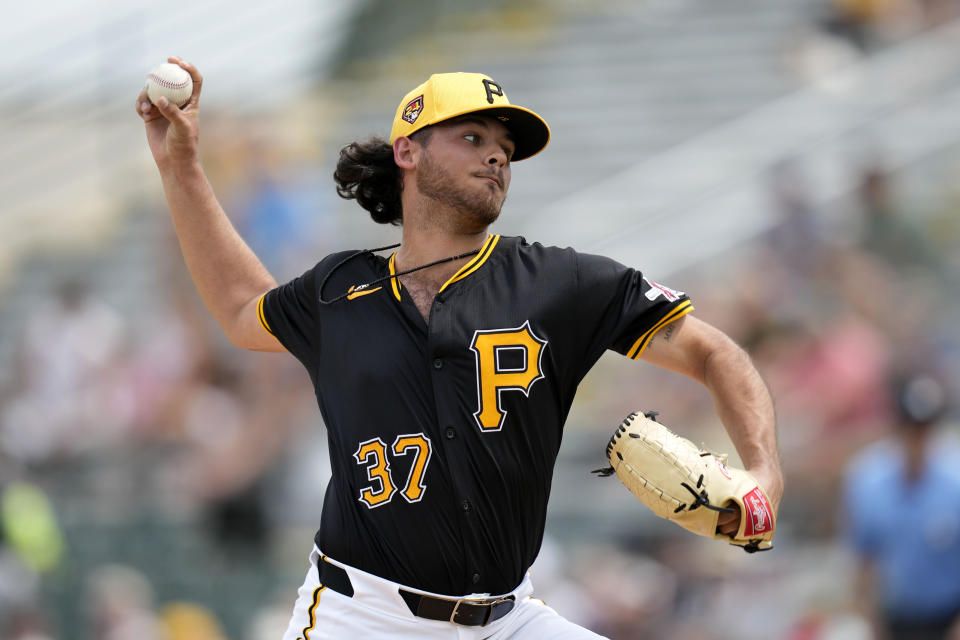 Pittsburgh Pirates starting pitcher Jared Jones throws during the first inning of a spring training baseball game against the Toronto Blue Jays Tuesday, March 5, 2024, in Bradenton, Fla. (AP Photo/Charlie Neibergall)