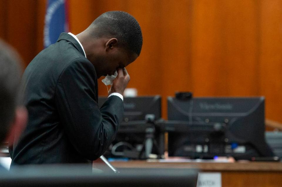 Izaun Baxter cries as he addresses the family of Kevin North Jr. and Ollie Armstrong, a grandmother and child who were killed in an accident with Baxter in 2020, during Baxter’s guilty plea in Harrison County Circuit Court in Biloxi on Tuesday, March 12, 2024. Baxter was sentenced to 20 years, 10 to serve in prison and 10 suspended, on manslaughter charges after he crashed into North and Armstrong while going over 80mph on Highway 90.