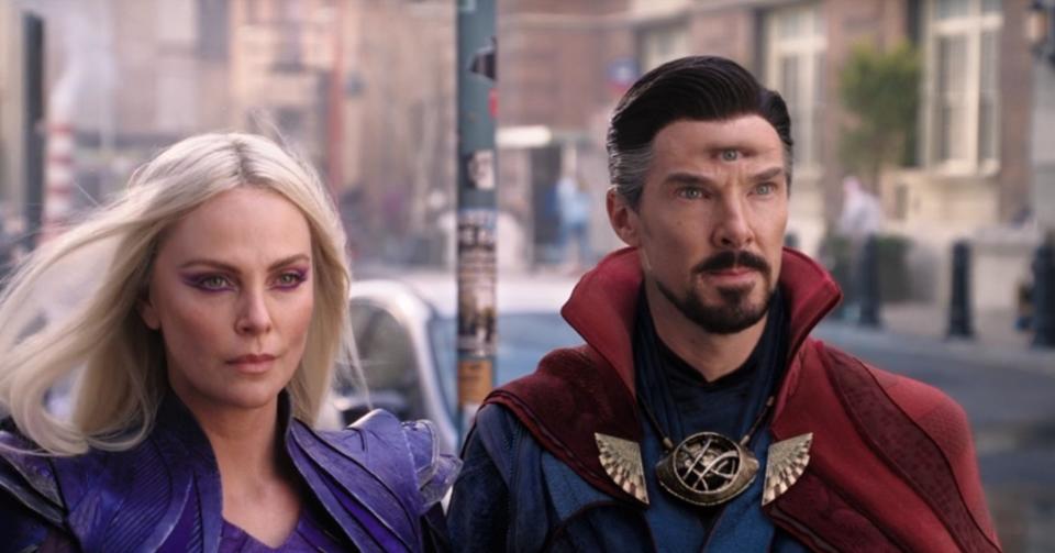 Charlize Theron as Clea and Benedict Cumberbatch as Doctor Strange in the mid-credits scene of "Doctor Strange in the Multiverse of Madness."