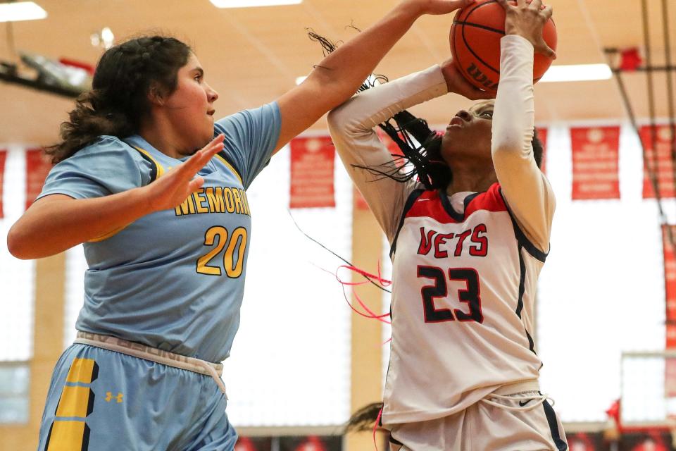 Veterans Memorial's Deshyria Brown attempts a basket during a Class 5A area round game against McAllen Memorial at Ray High School, on Thursday, Feb. 16, 2023, in Corpus Christi, Texas.