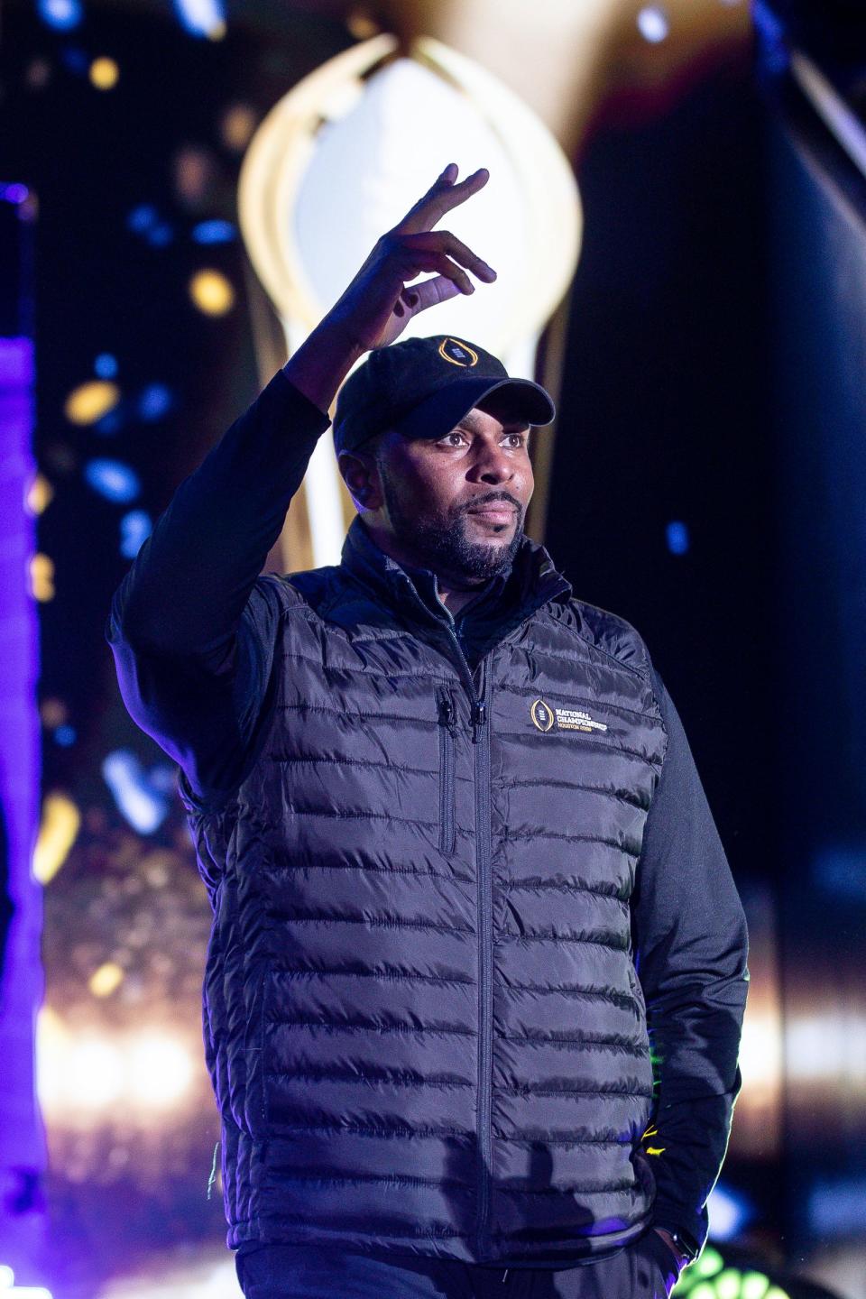 Michigan offensive coordinator Sherrone Moore is introduced during the national championship celebration at Crisler Center in Ann Arbor on Saturday, Jan. 13, 2024.