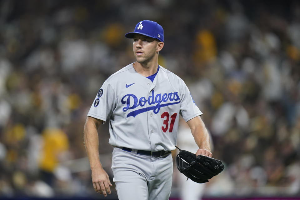 Los Angeles Dodgers' Tyler Anderson reacts after San Diego Padres' Brandon Drury lines out to end the first inning in Game 4 of a baseball NL Division Series, Saturday, Oct. 15, 2022, in San Diego. (AP Photo/Jae C. Hong)