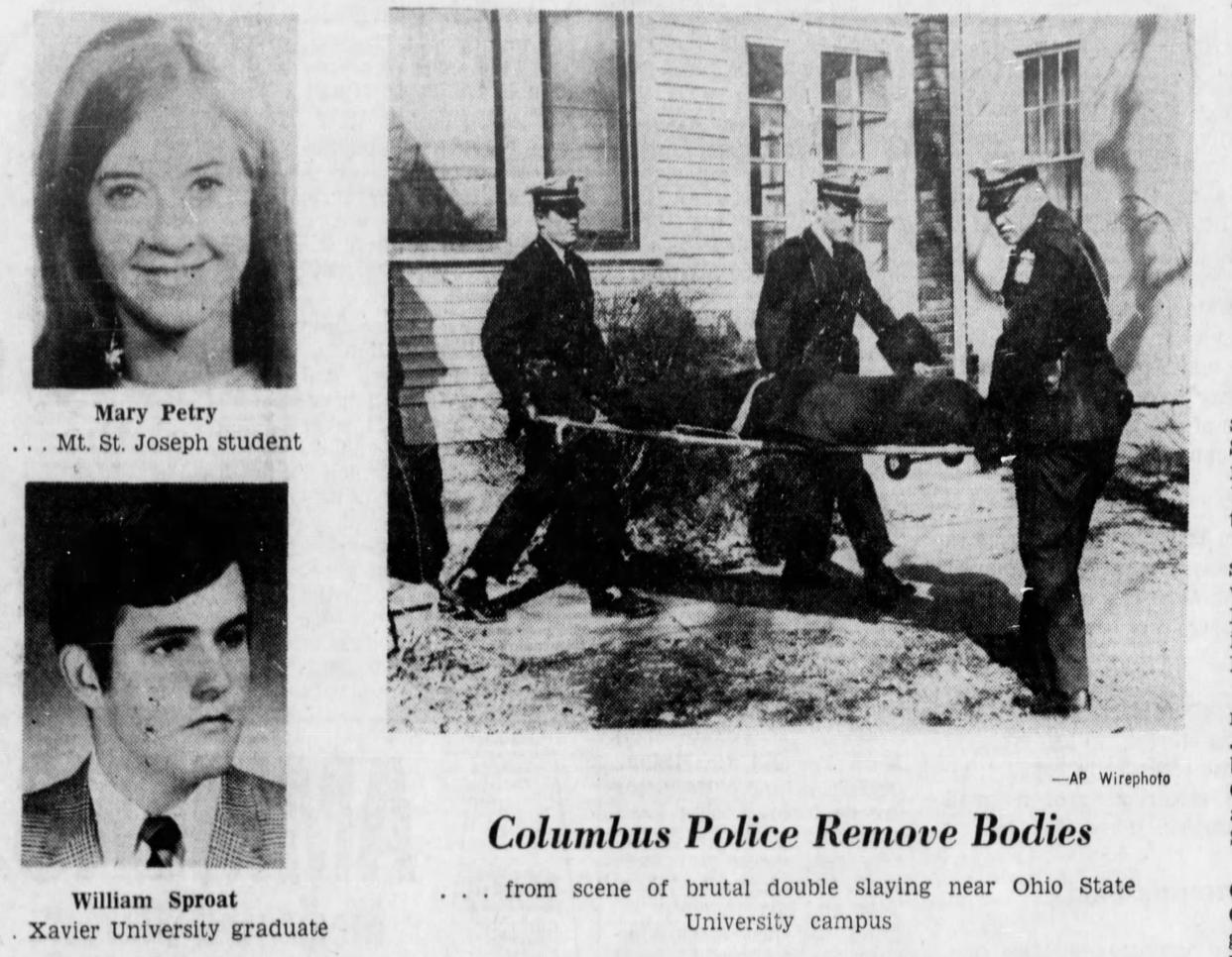 Mary Petry and Bill Sproat's photos ran in The Cincinnati Enquirer after they were found murdered in Sproat's Columbus apartment in February 1970.