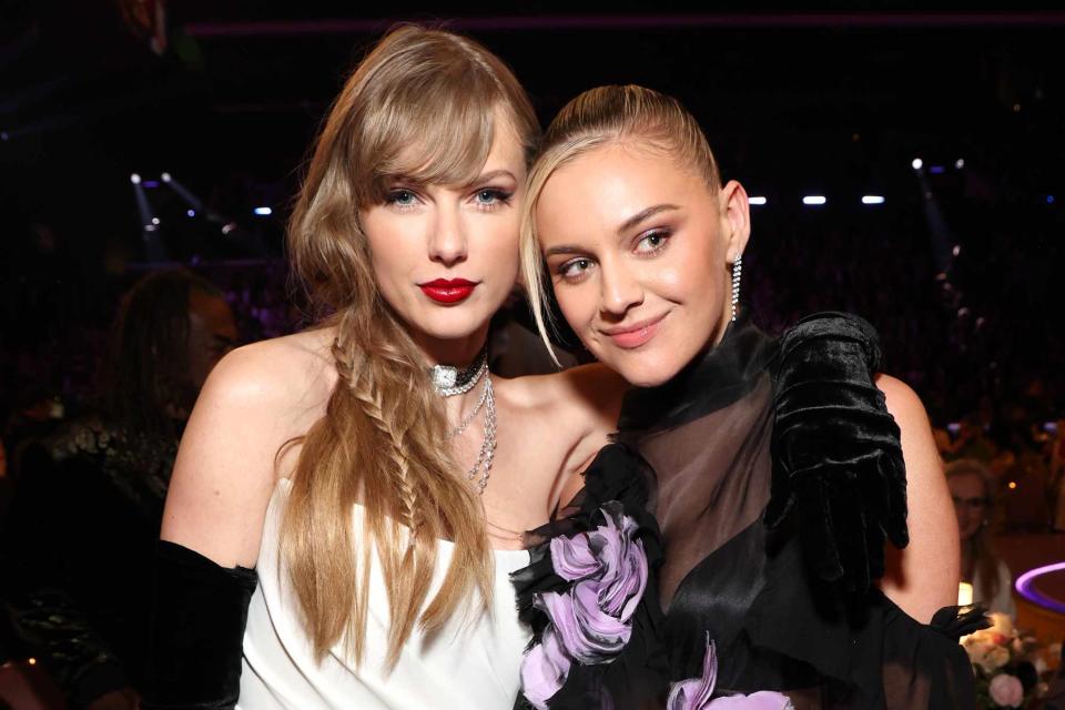 <p>Kevin Mazur/Getty </p> Taylor Swift and Kelsea Ballerini at the 2024 Grammys.