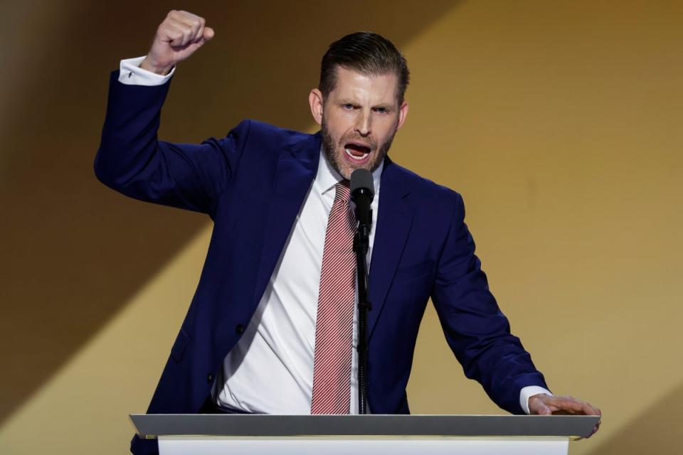 Eric Trump, son of former President Donald Trump, speaks on stage on the fourth day of the Republican National Convention. He went after trans athletes during a lengthy rant (Getty Images)