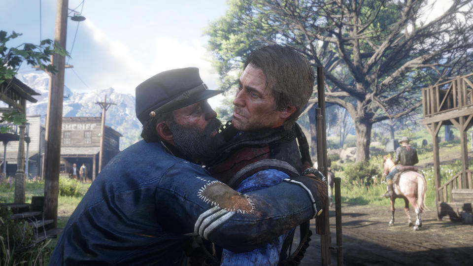 A homeless veteran hugs Arthur Morgan in Red Dead Redemption 2