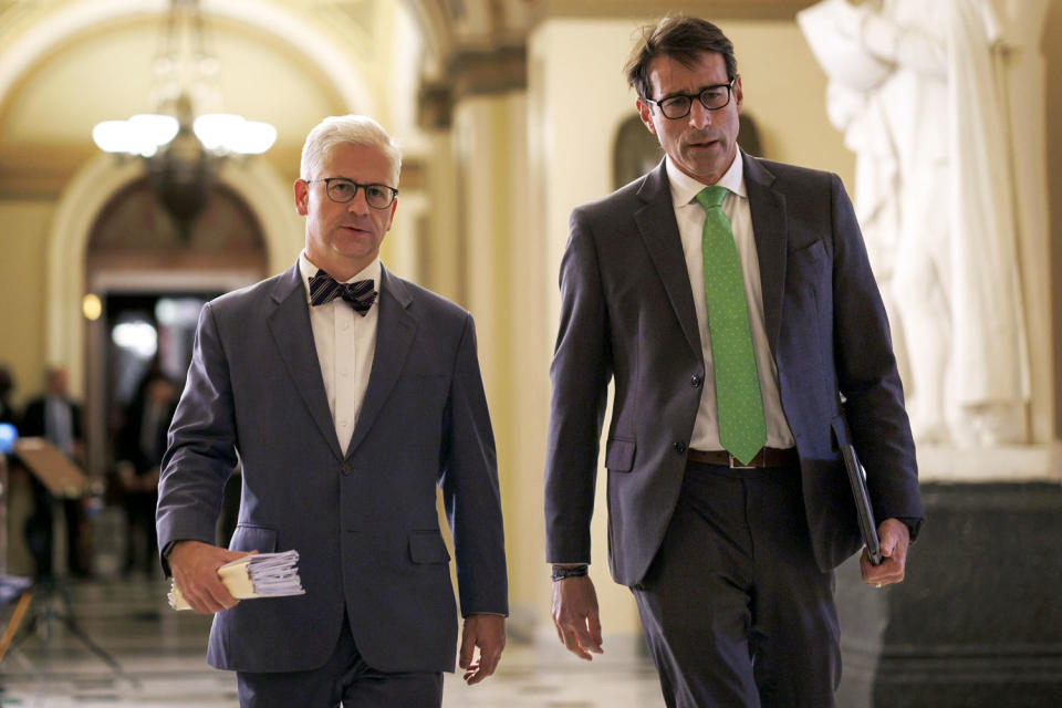 Patrick McHenry, left, and Garret Graves, walk through the U.S. Capitol building in Washington, D.C. (Ting Shen / Bloomberg via Getty Images file )
