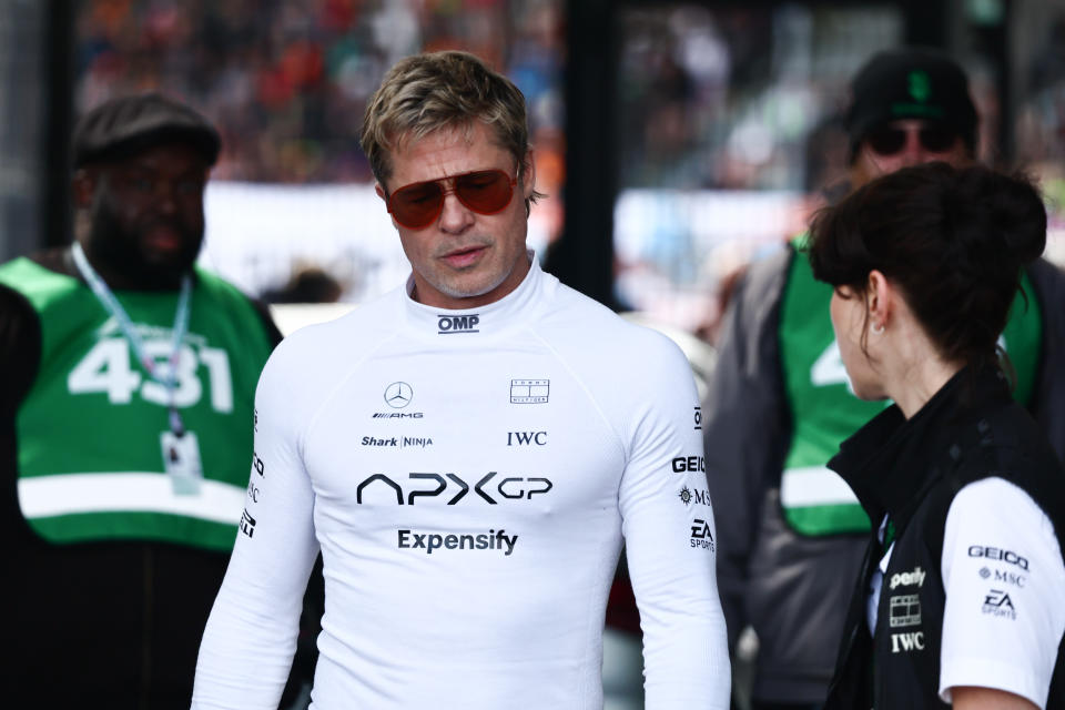 Brad Pitt during qualifying ahead of the Formula 1 British Grand Prix at Silverstone Circuit in Northampton, Great Britain on July 6, 2024. (Photo by Jakub Porzycki/NurPhoto via Getty Images)