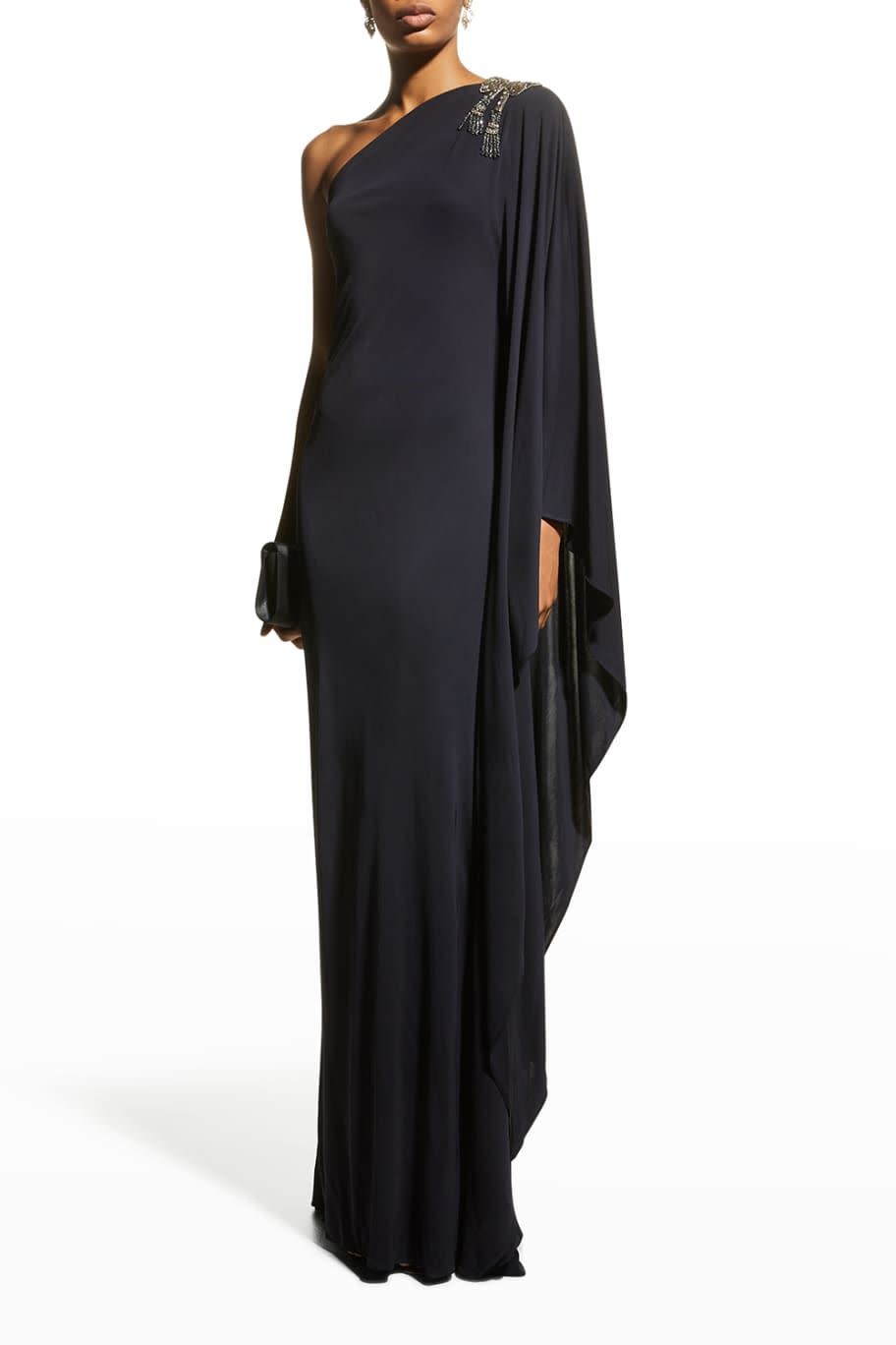 One-Shoulder Cape-Sleeve Matte Jersey Gown