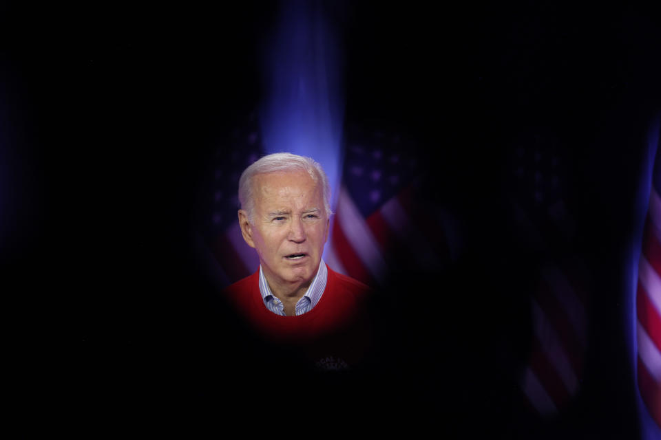 BELVIDERE, ILLINOIS - NOVEMBER 09: President Joe Biden speaks to autoworkers at the Community Complex Building on November 09, 2023 in Belvidere, Illinois. Biden was in Belvidere to celebrate the scheduled reopening of Stellantis' Belvidere Assembly Plant and the settlement of the United Auto Workers (UAW) strike. Stellantis has agreed to build a new midsize pickup truck and open a new electric vehicle battery plant at the Belvidere facility which has been shuttered since February. (Photo by Scott Olson/Getty Images)