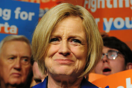 Alberta New Democratic (NDP) leader and Premier Rachel Notley reacts to her loss at her election night party in Edmonton, Alberta, Canada, April, 16, 2019. REUTERS/Candace Elliott