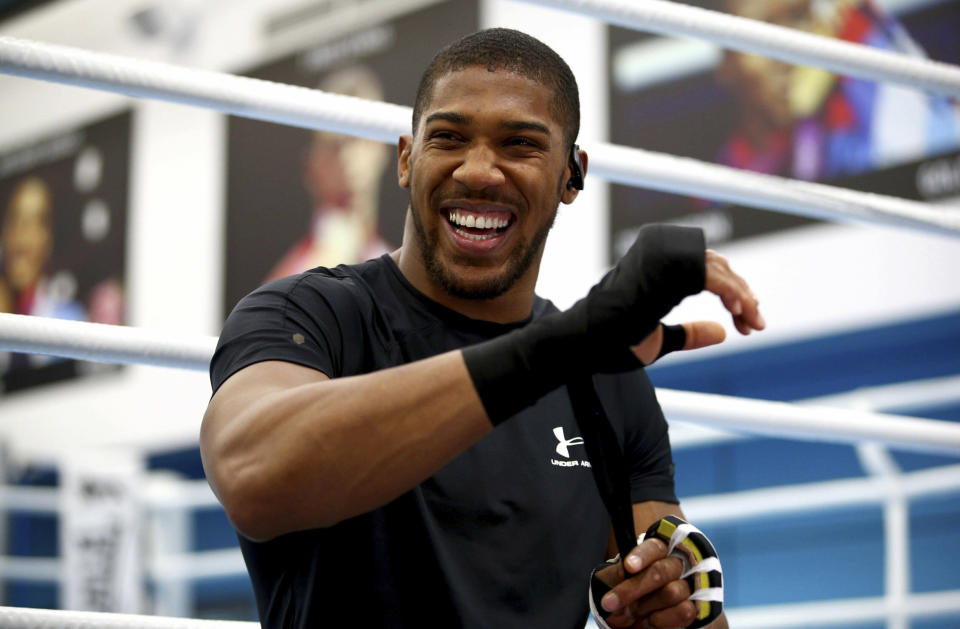 British boxer Anthony Joshua laughs prior to a media session on May 1, 2019. He'll face Andy Ruiz Jr. in New York on Saturday. (AP) 