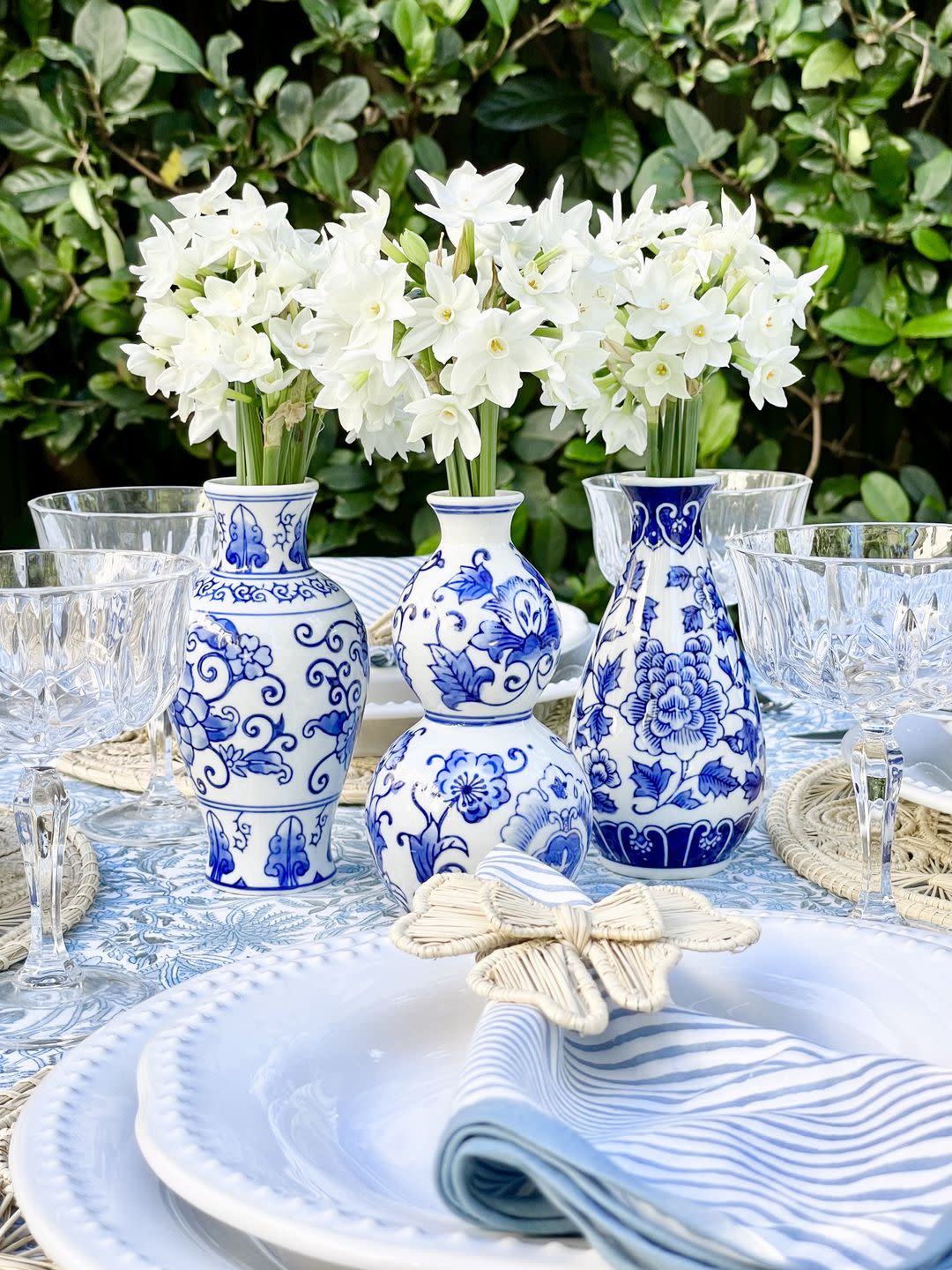 blue and white ceramic centerpiece
